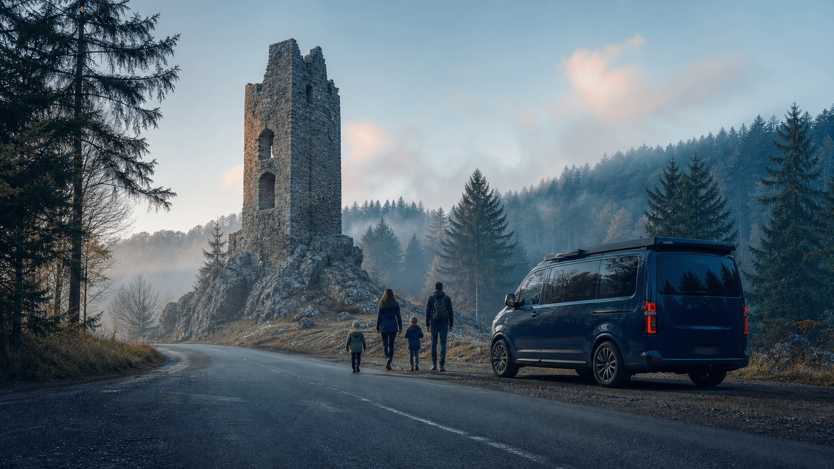 Illustratives Reisegefühl einer Familie mit Adventure-Van bei einer ungewöhnlichen Entdeckung